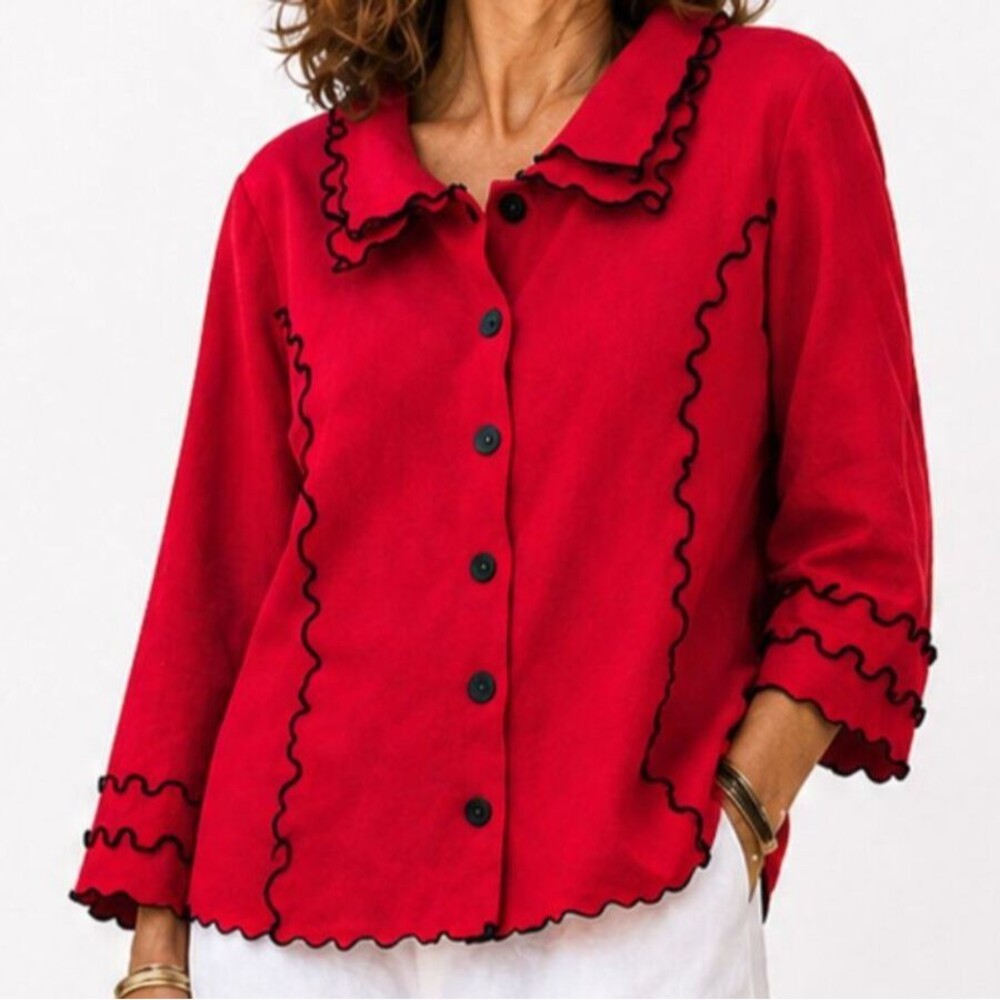 Chalet Womens SIze X-Large Red Frilly Artsy Cardigan Sweater French Rosettes